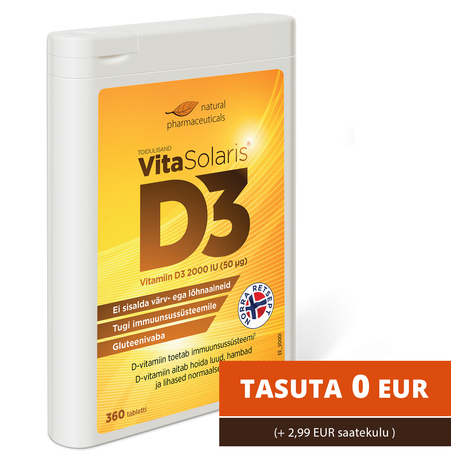 Natural Pharmaceuticals VitaSolaris® D3 D3 2000 IU vitamiin, immuunsüsteemi tugi, gluteenivaba, ilma värv- ja lõhnaaineteta, 360 tabletti.