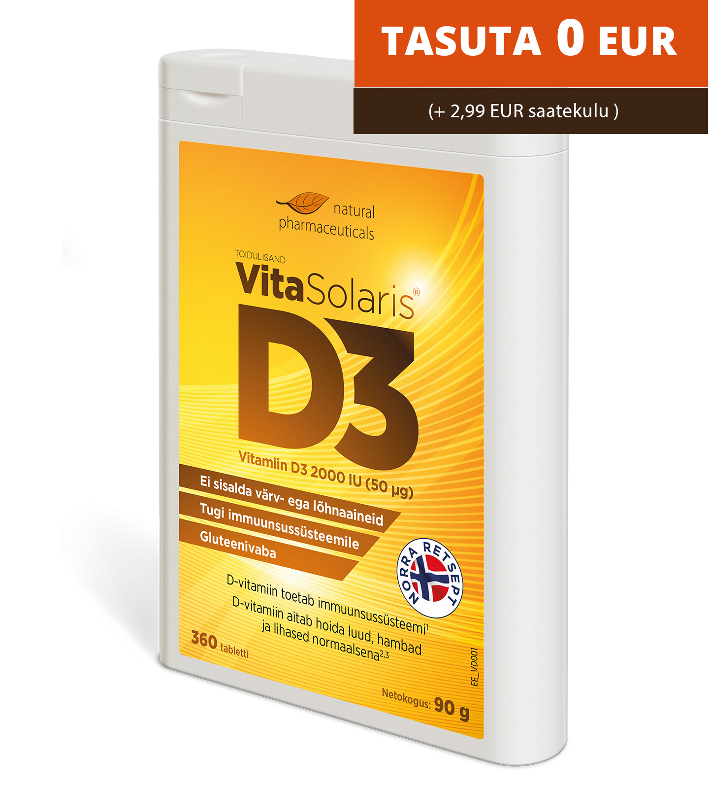 Natural Pharmaceuticals VitaSolaris® D3 Toidulisandi VitaSolaris® D3 D3 (2000 IU, 50 µg) pakend, mis sisaldab 360 D3-vitamiini tabletti. 
          Graafika ülaosas on bänner kirjaga „TASUTA 0 EUR” ja lisandiga „(+ 2,99 EUR saatukulu)”.