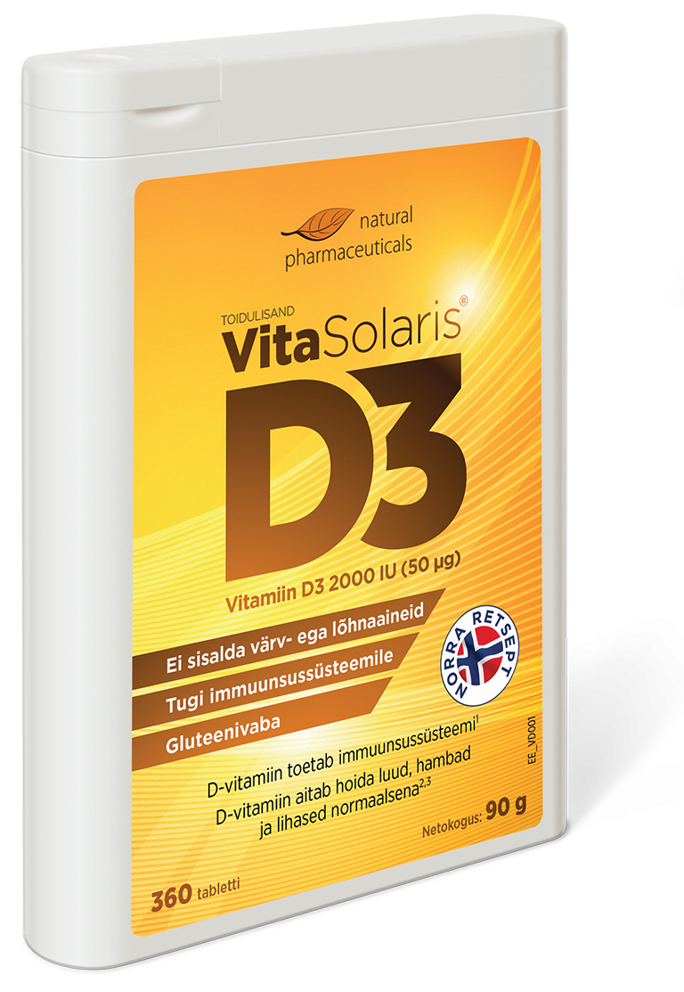 Natural Pharmaceuticals VitaSolaris® D3 Natural Pharmaceuticals toidulisandi VitaSolaris® D3  pakend. Sisaldab 360 D3-vitamiini tabletti (2000 IU / 50 µg). Pakendil on rõhutatud: ei sisalda värvaineid ega lõhnaaineid, toetab immuunsüsteemi, gluteenivaba toode.