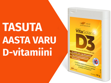 Natural Pharmaceuticals VitaSolaris® D3 VitaSolaris® D3 vitamiiniga D3 (3000 IU) toidulisandi pakend, mille kõrval on oranž bänner kirjaga: „TASUTA AASTA VARU D-vitamiini”.